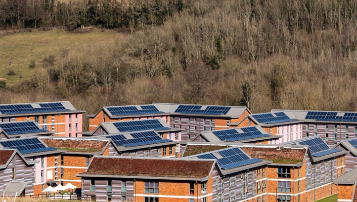 Pictured: Solar panels installed on student accommodation at the University's campus in Falmer. Image: University of Sussex